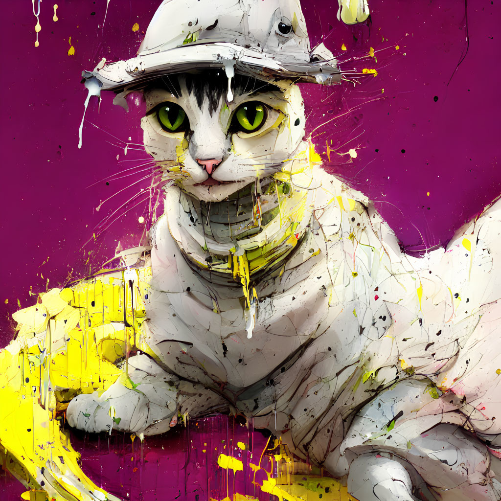 Cat with Green Eyes Wearing Hat on Pink and Yellow Background