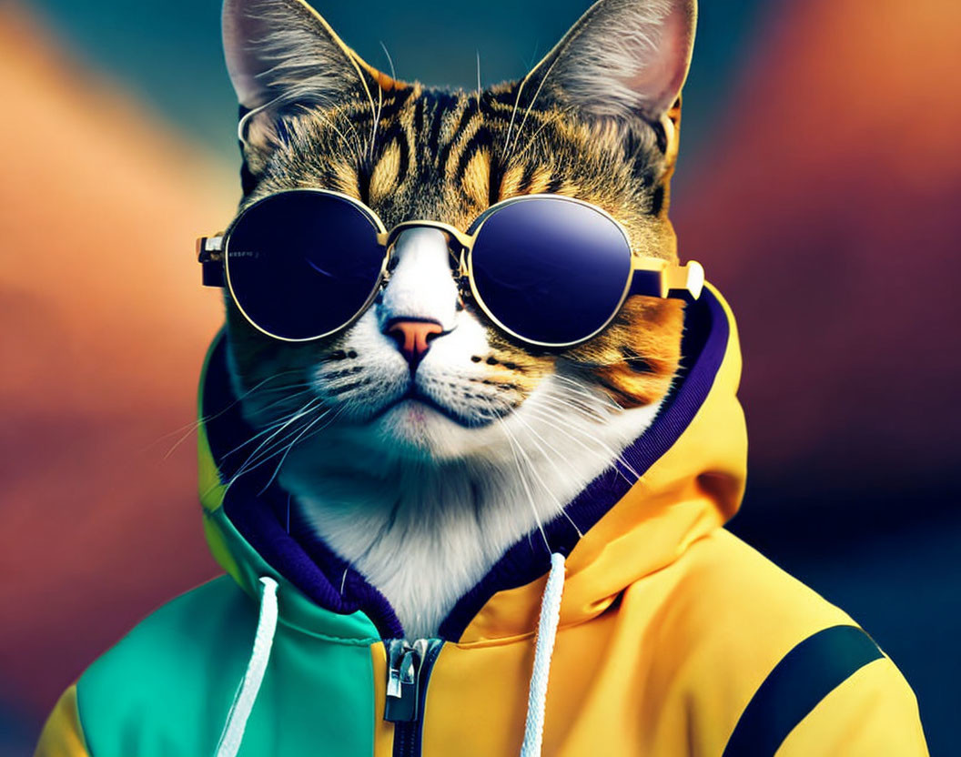 Stylish Cat in Vibrant Hoodie and Sunglasses