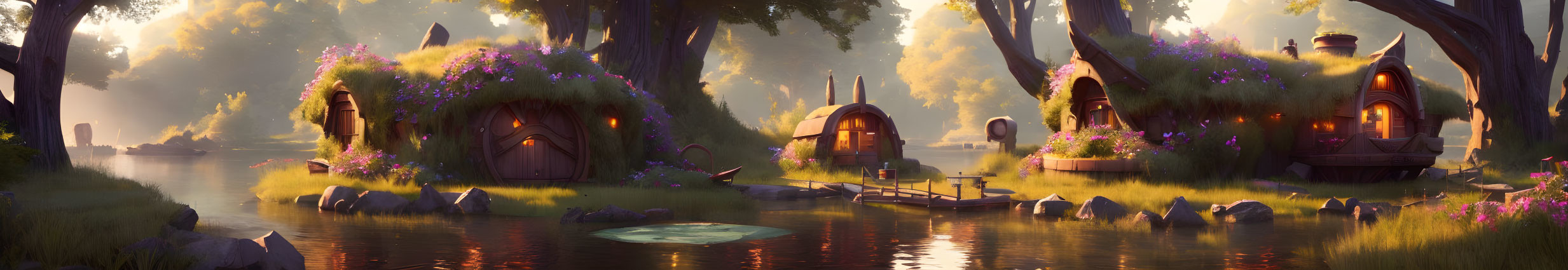 Whimsical hobbit-like houses by enchanting riverside