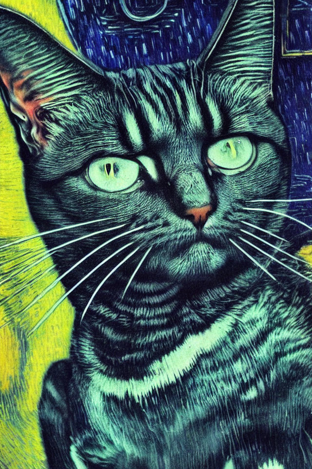 Stylized Cat Portrait with Green Eyes and Striped Coat