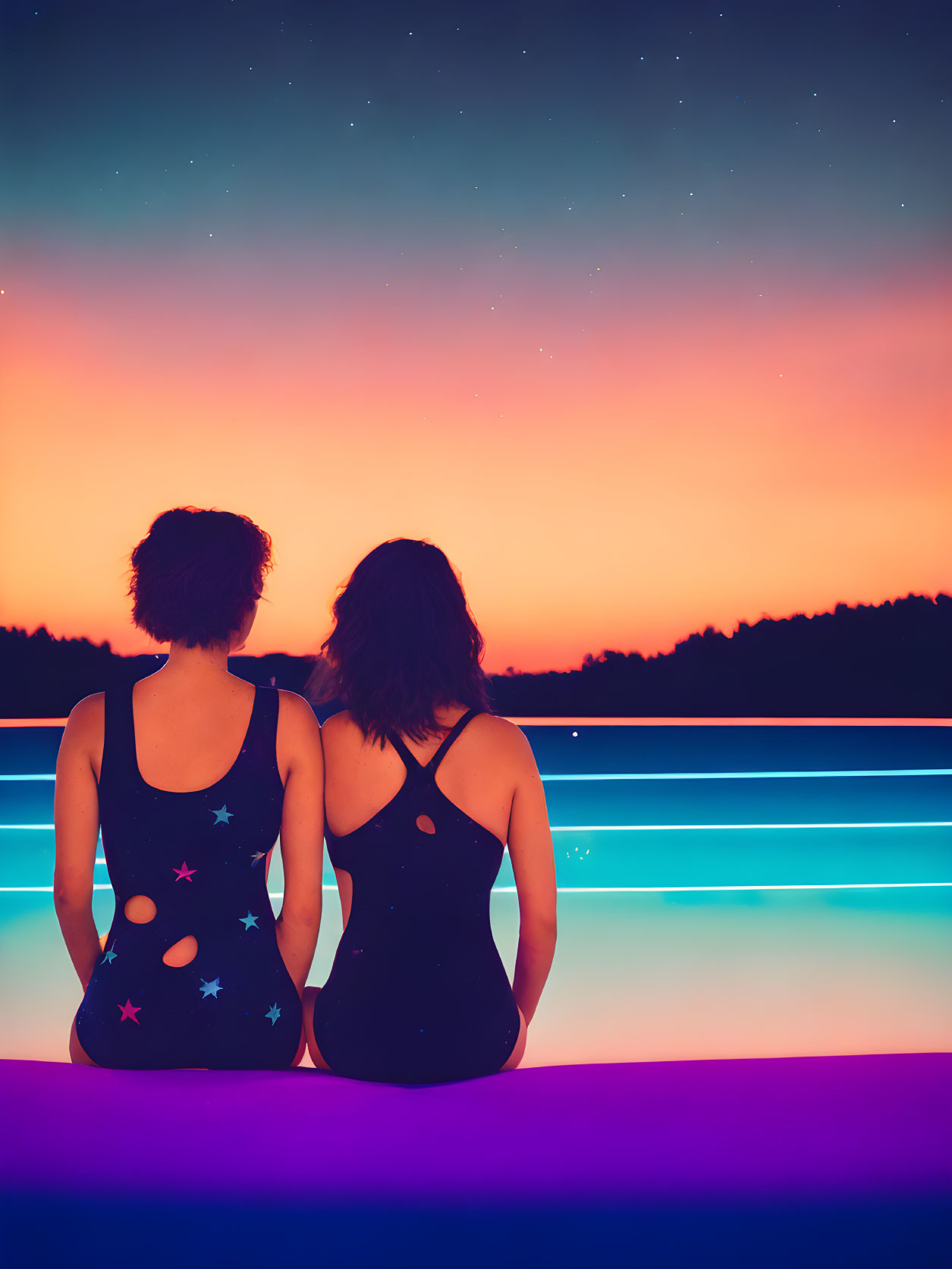 Two individuals in neon-lit setting admire sunset under starry sky