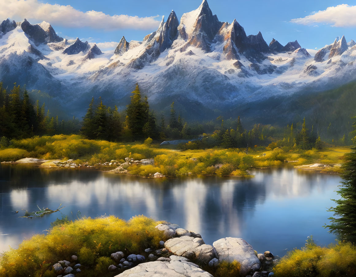 Tranquil mountain scene with reflective lake and forested terrain