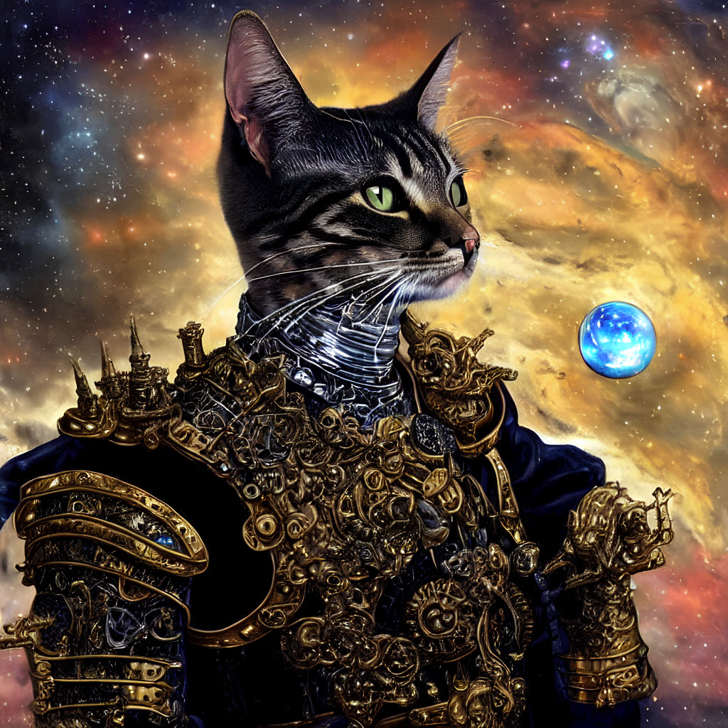 Majestic Cat in Steampunk Armor Against Cosmic Landscape