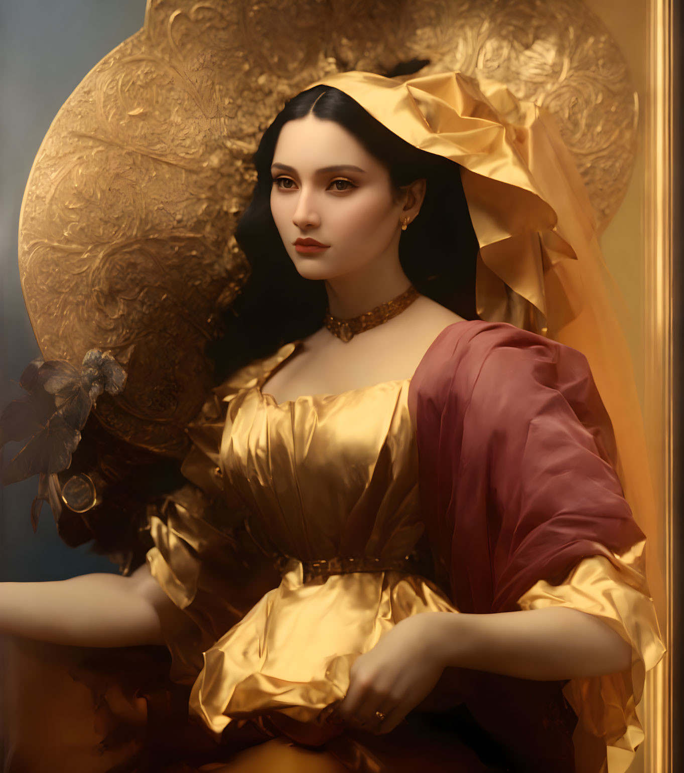 Elegant woman in golden gown with burgundy shawl