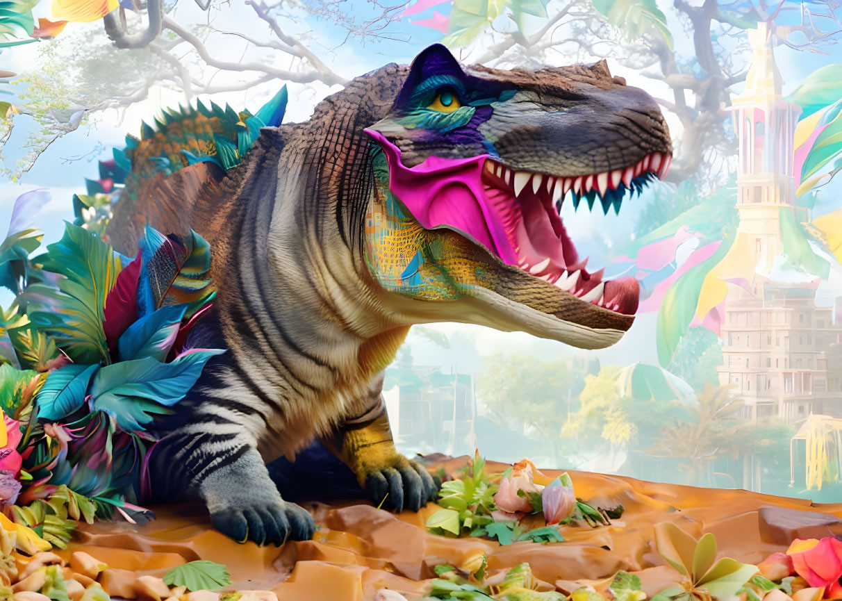 Colorful Tyrannosaurus rex in whimsical landscape with castle