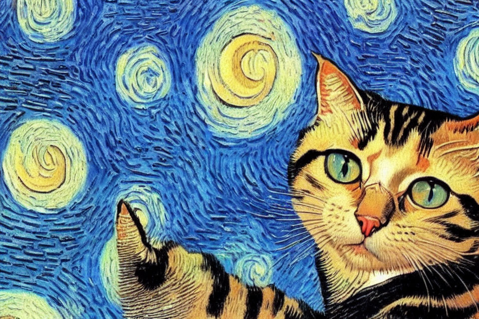 Whimsical Cat Illustration with Vibrant Night Sky