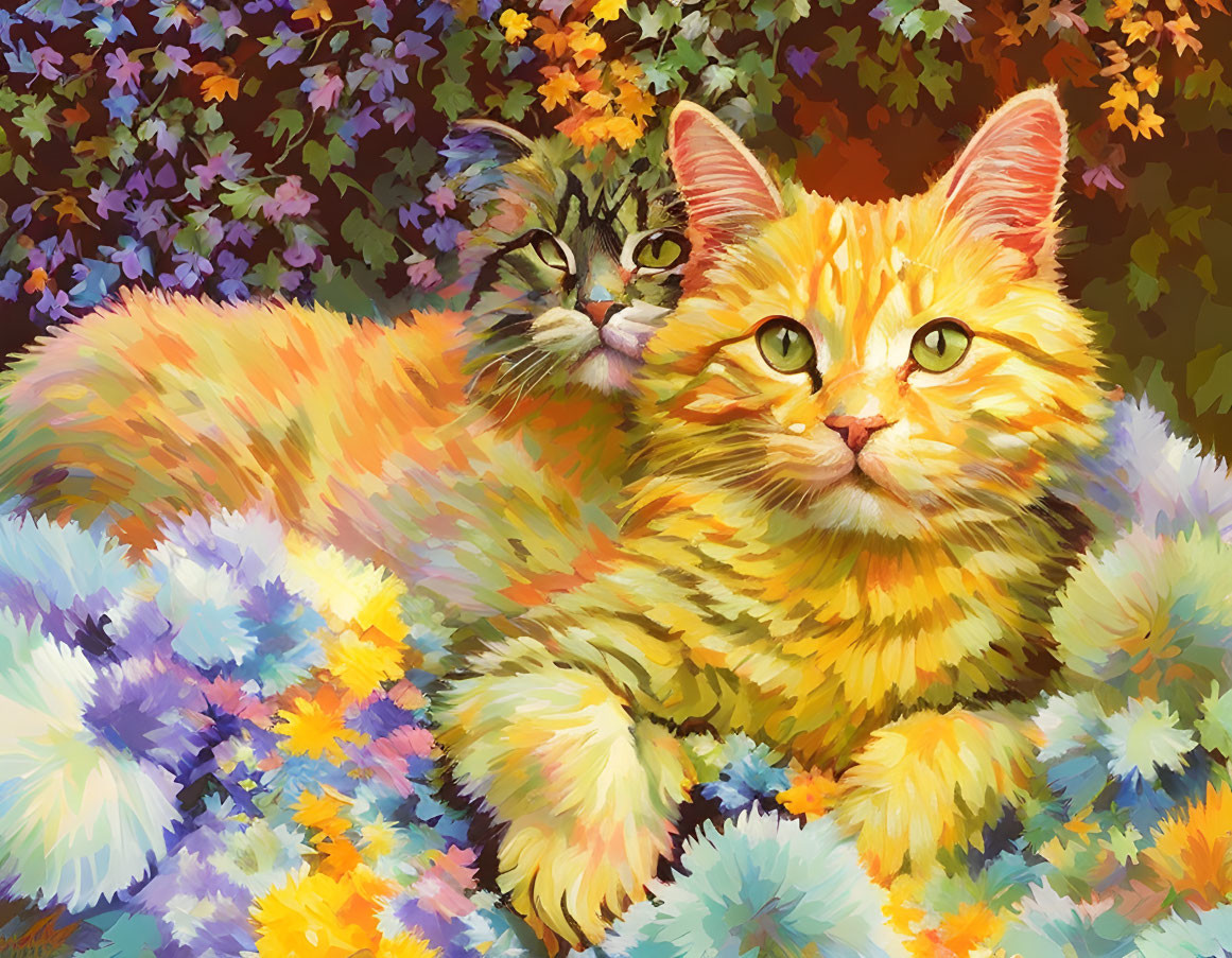 Colorful Cats Nestled Among Vibrant Flowers