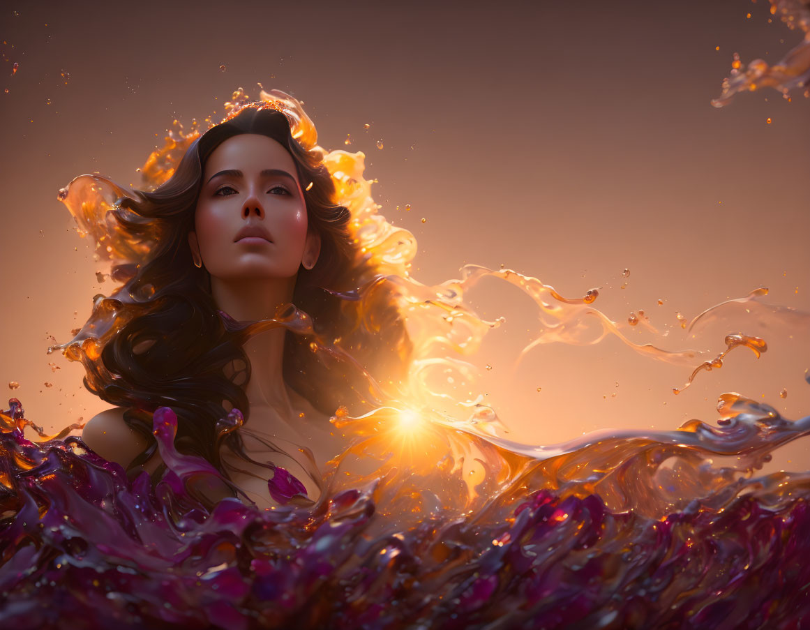 Ethereal Woman Surrounded by Colorful Swirling Waves