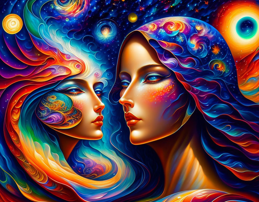 Ethereal Women with Colorful Hair and Cosmic Elements