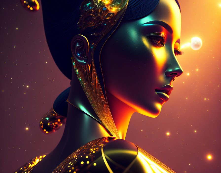 Futuristic Female Figure with Metallic Skin and Cosmos