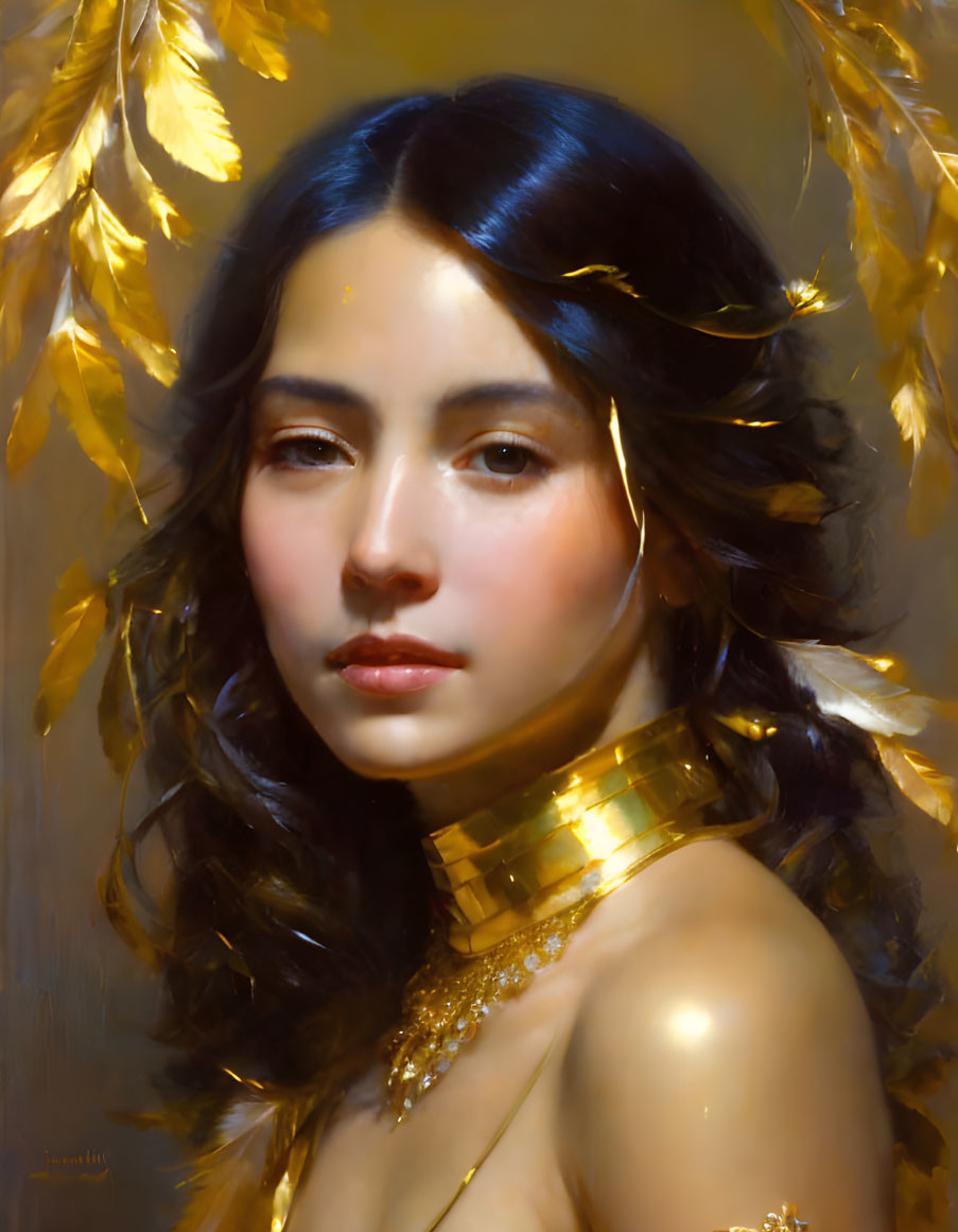 Serene woman portrait with gold accessories and leaves.