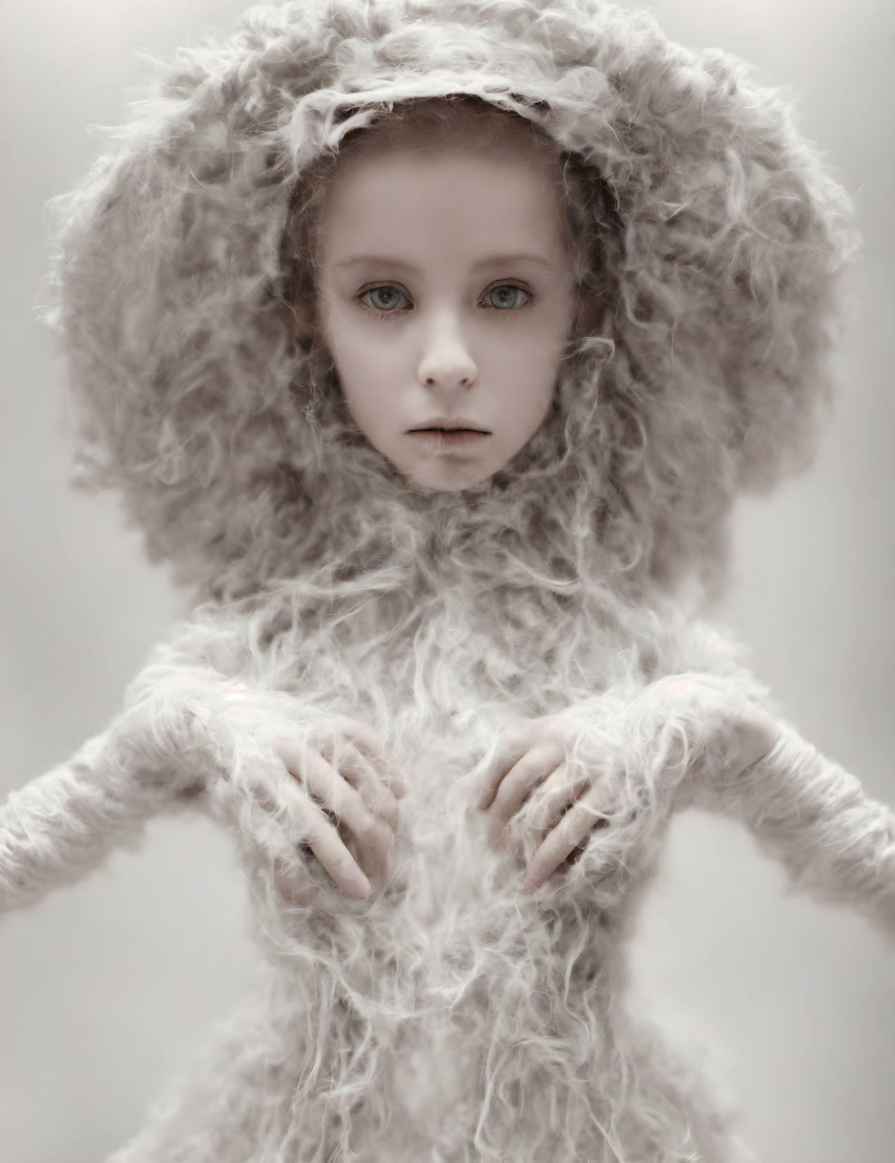 Child in textured white sheep-like outfit with striking blue eyes