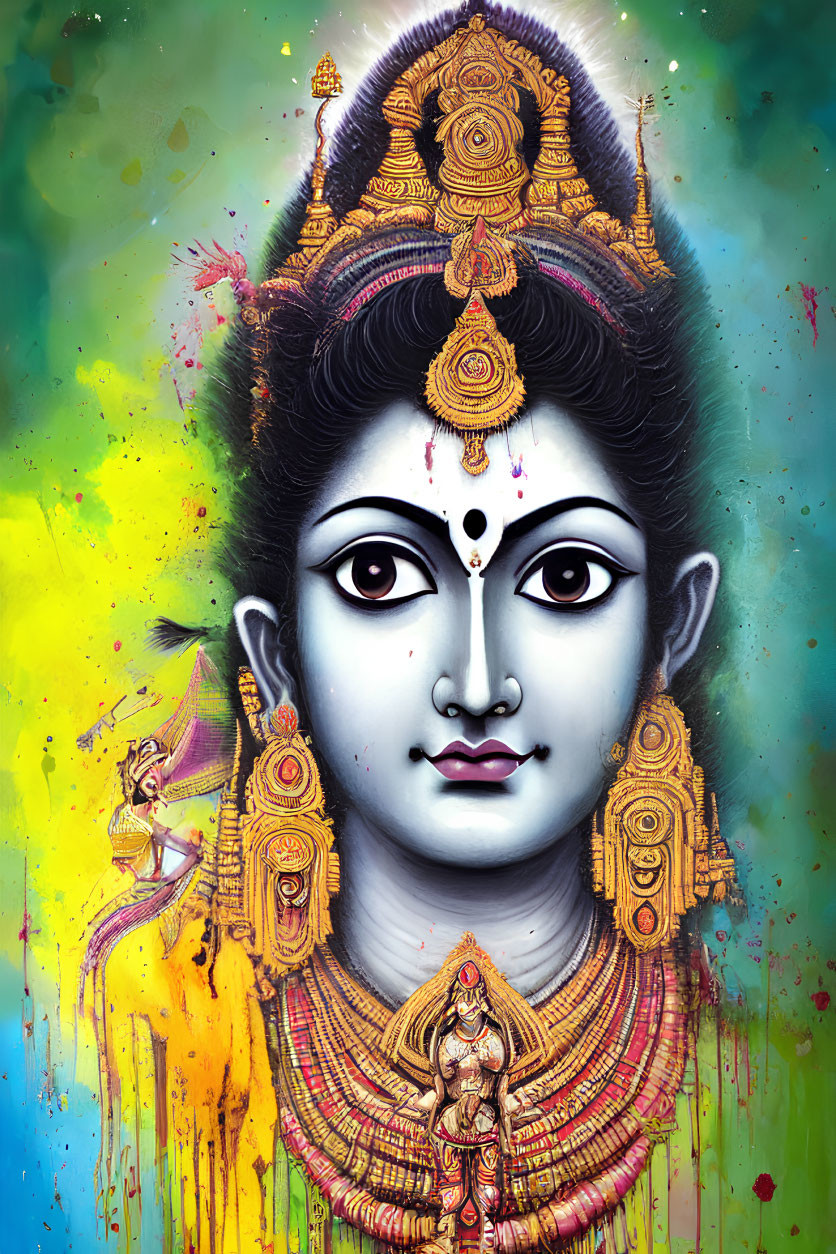 Vibrant Artwork of a Serene Deity in Golden Jewelry