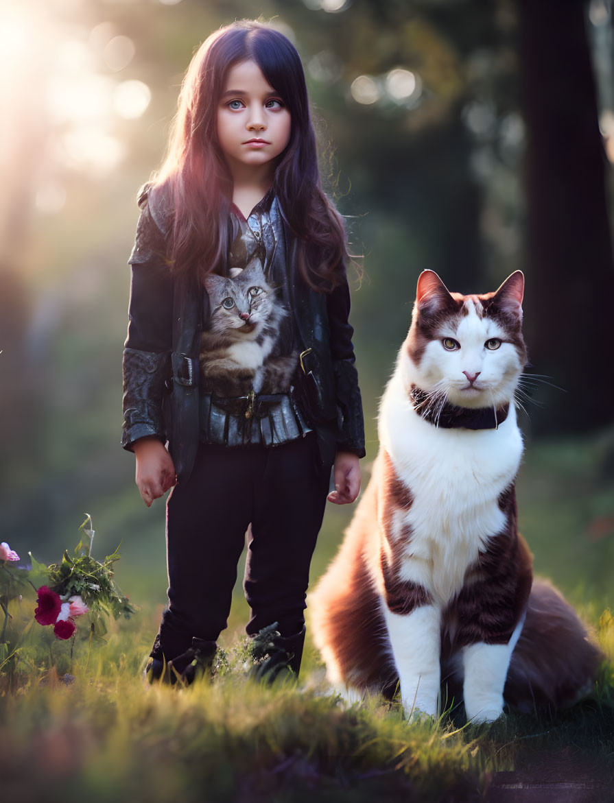 Young girl in forest with cats and wildflowers