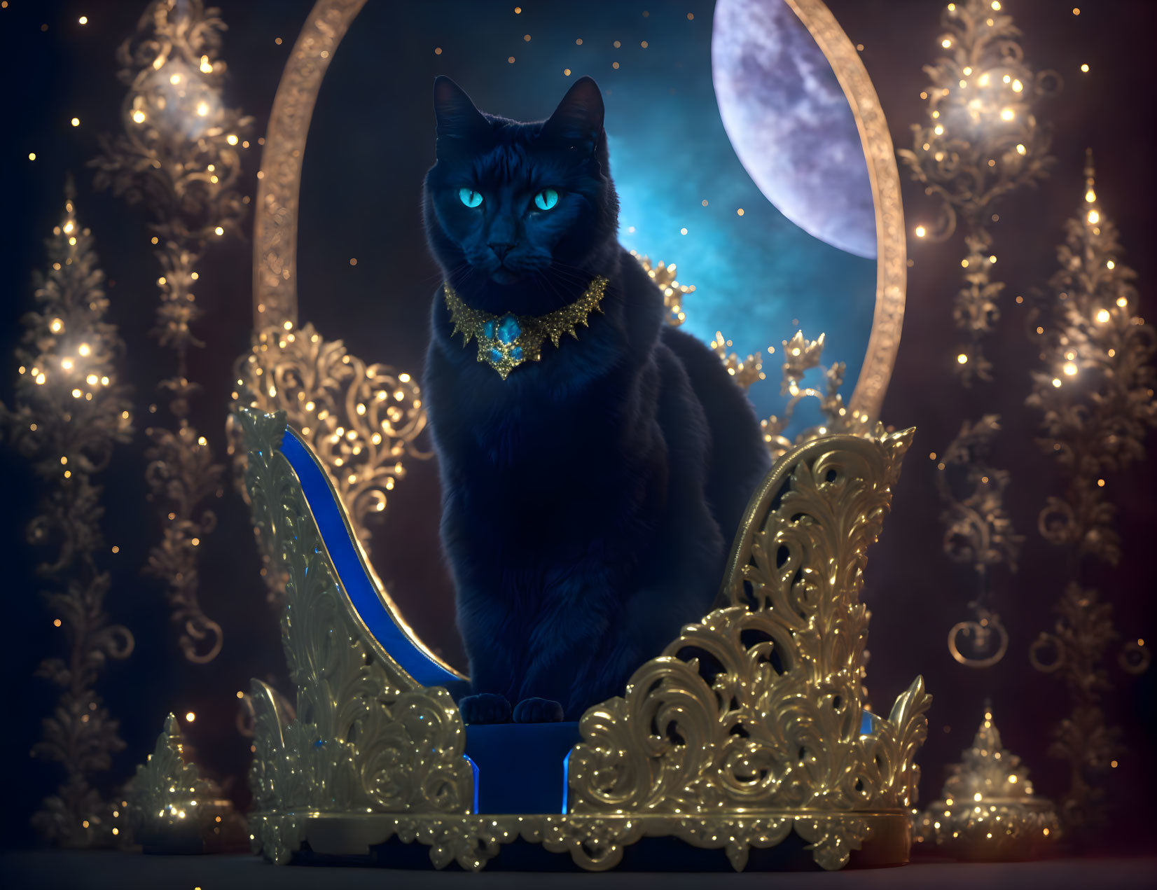 Black Cat on Golden Throne with Mystical Backdrop