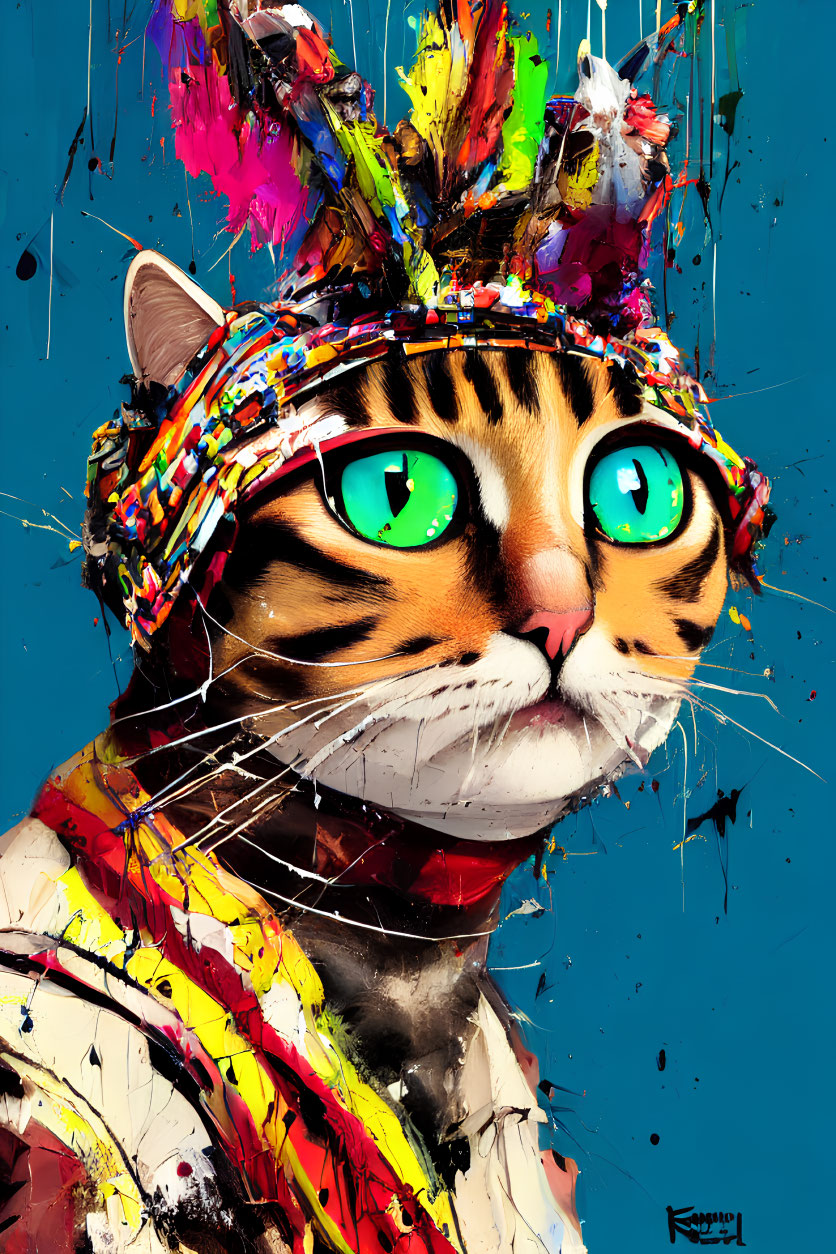 Colorful Cat Artwork with Green Eyes and Paintbrush Crown