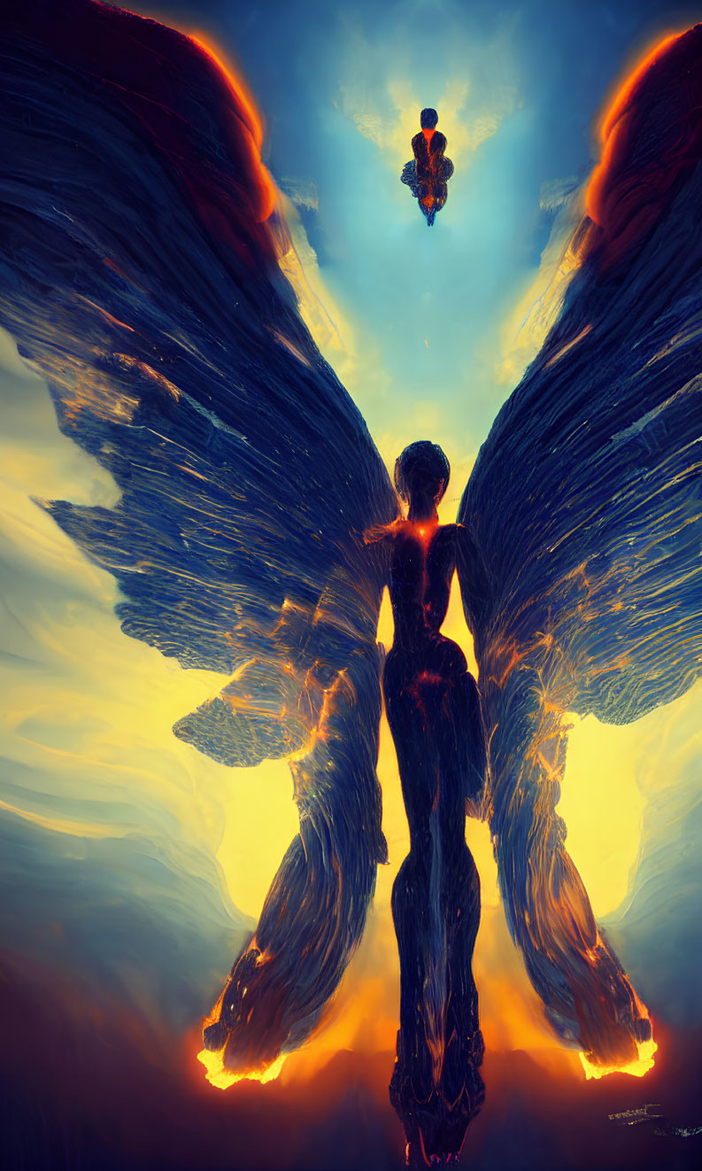 Fiery winged humanoid gazing at smaller being in vivid blue and orange backdrop