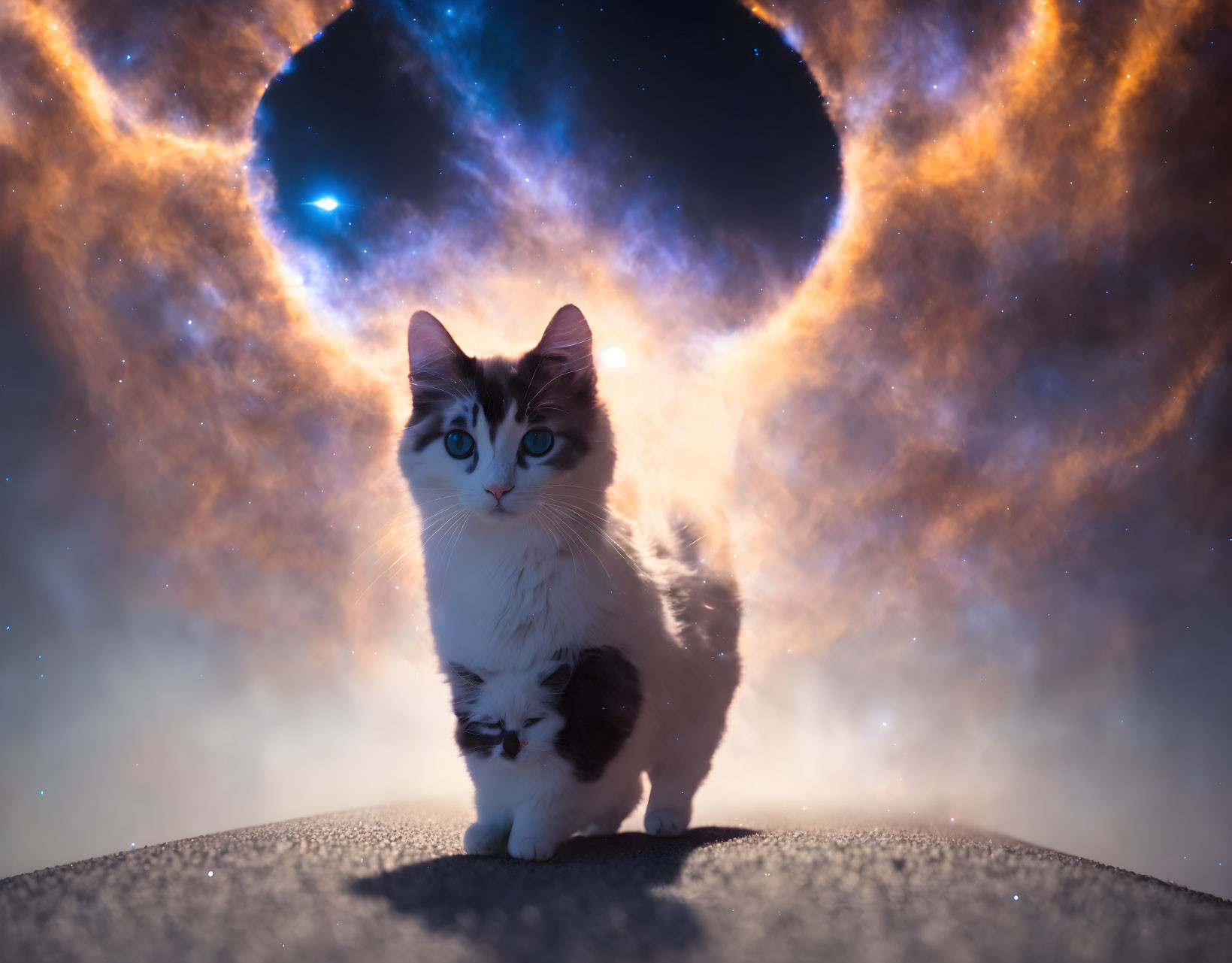 Majestic Cat in a Cosmic Scene with Galaxies and Nebulae