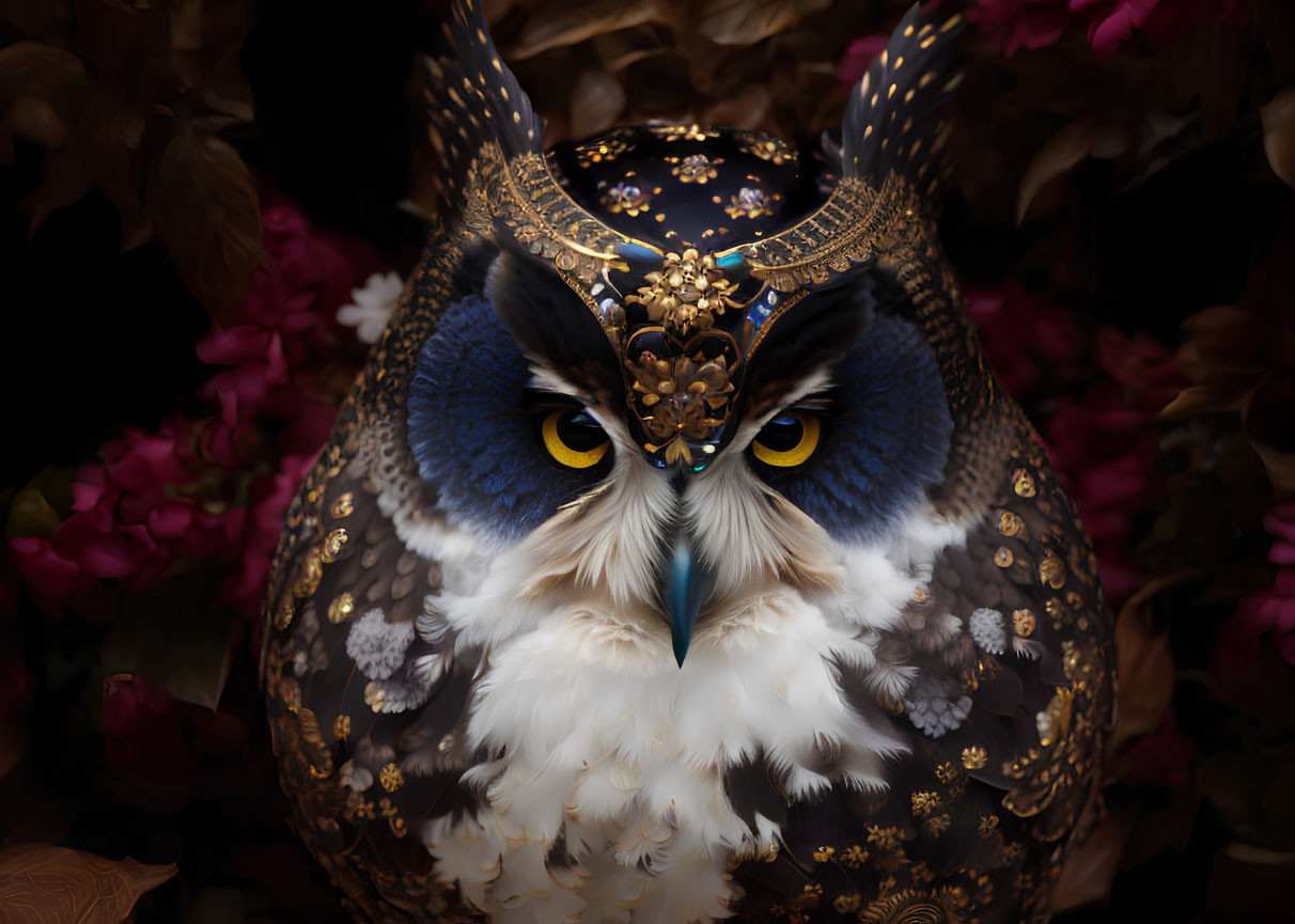 Intricately Decorated Owl with Blue and Gold Crown