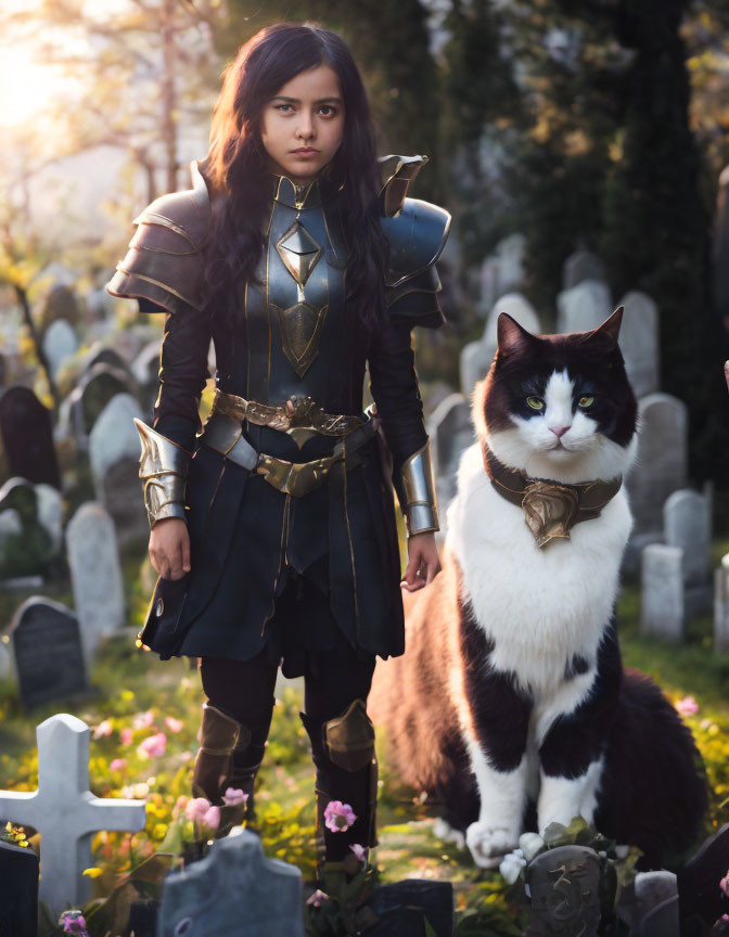 Warrior in Armor with Feline Companion at Twilight Graveyard