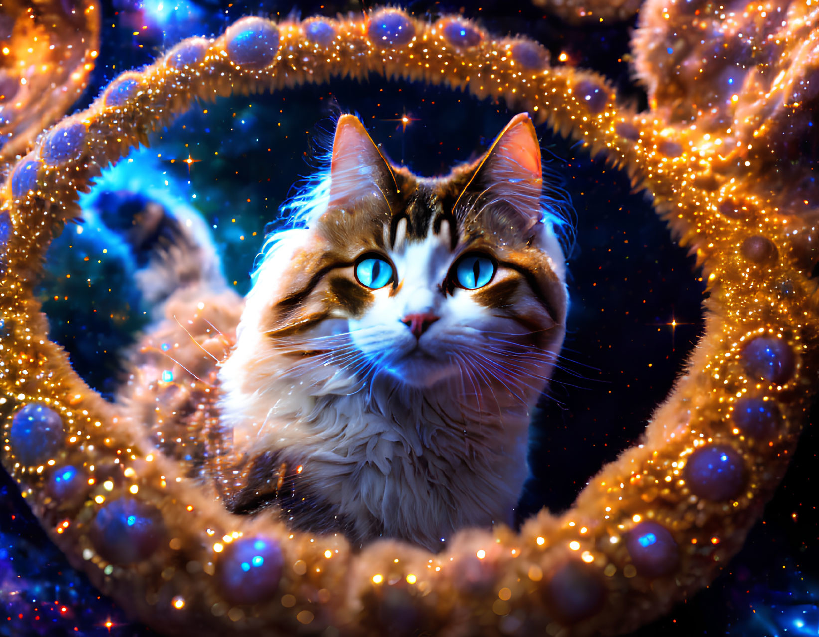 Majestic Cat with Blue Eyes in Cosmic Background