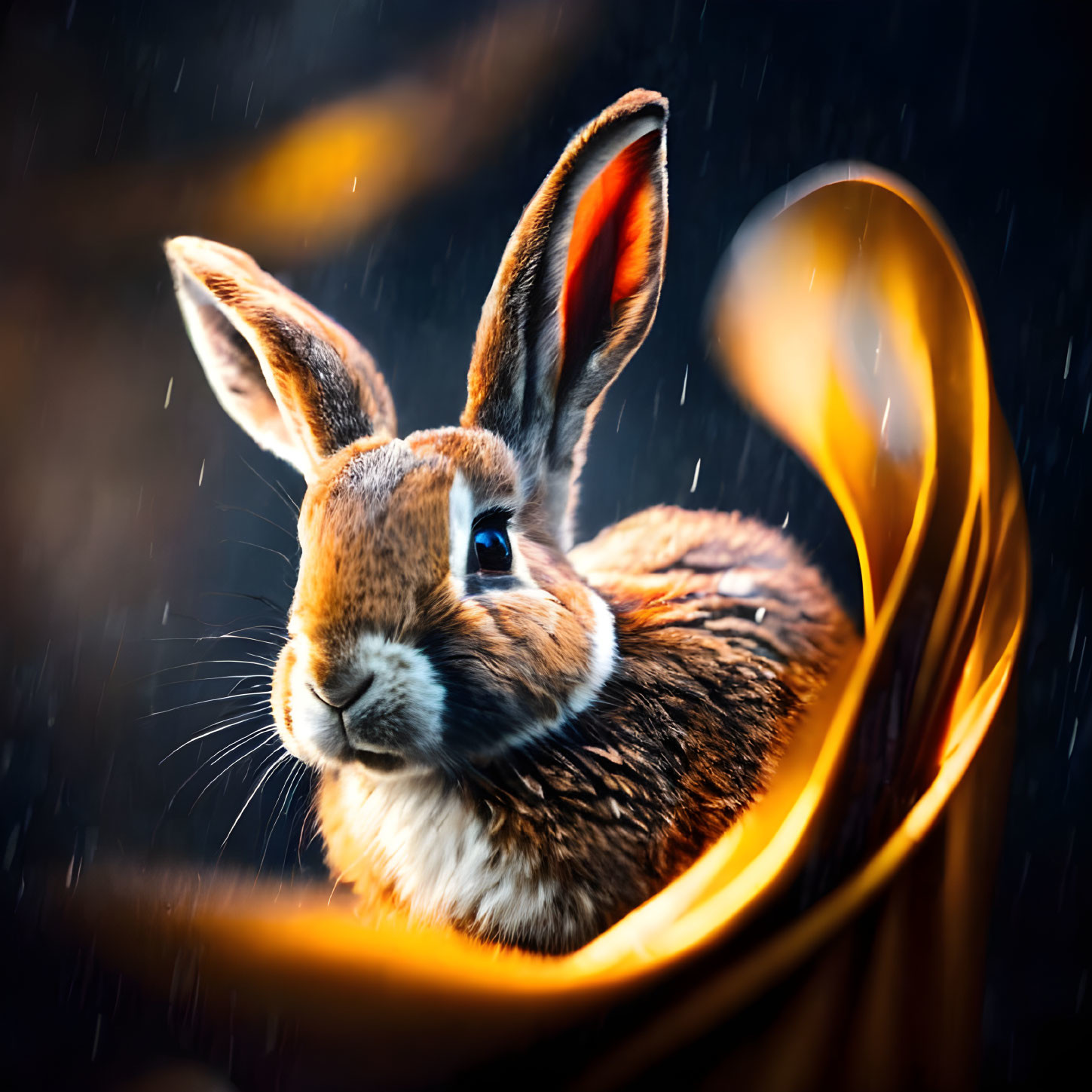 Close-up of a rabbit in golden fabric and rain effect