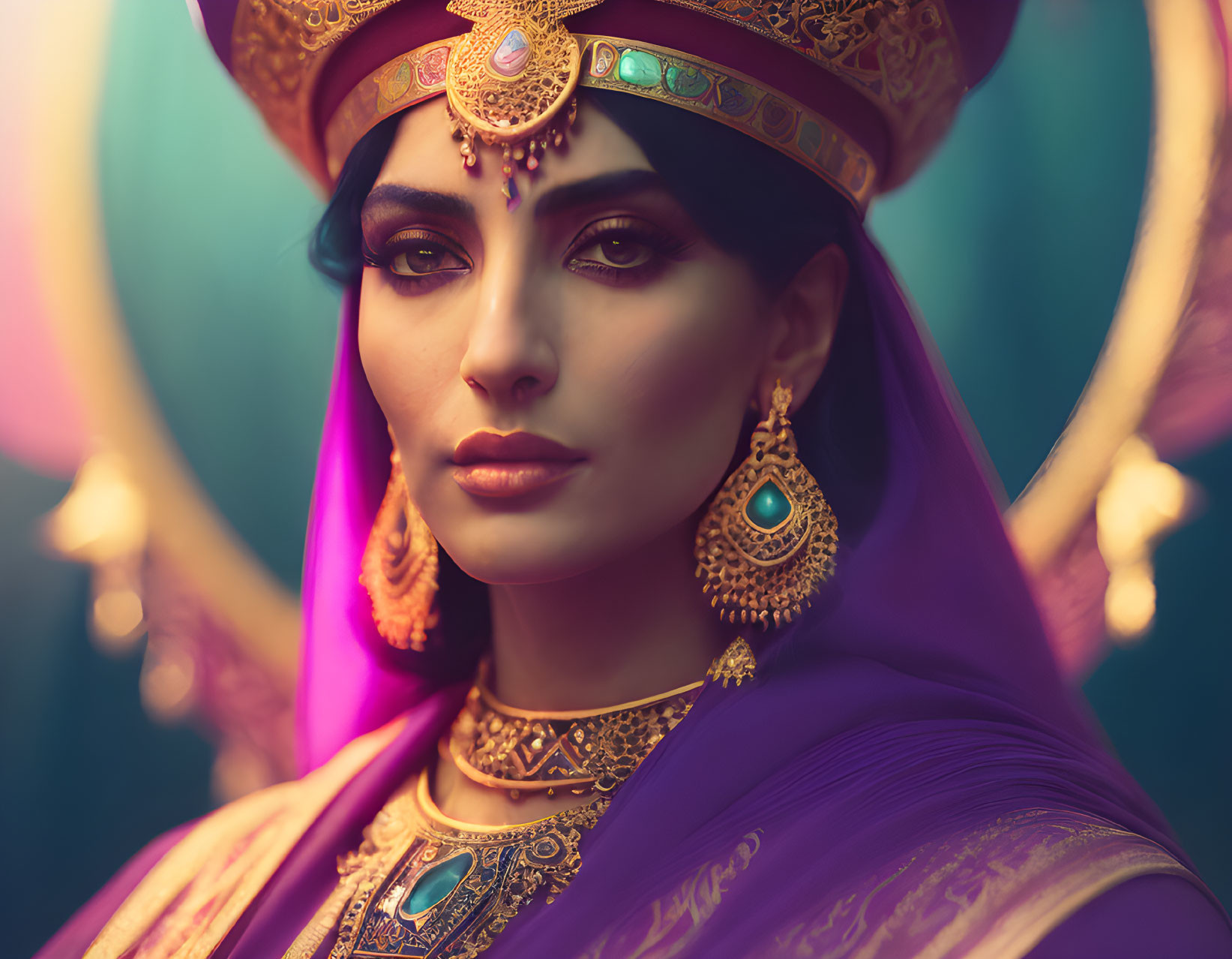 Regal Indian woman in traditional attire and jewelry with purple veil