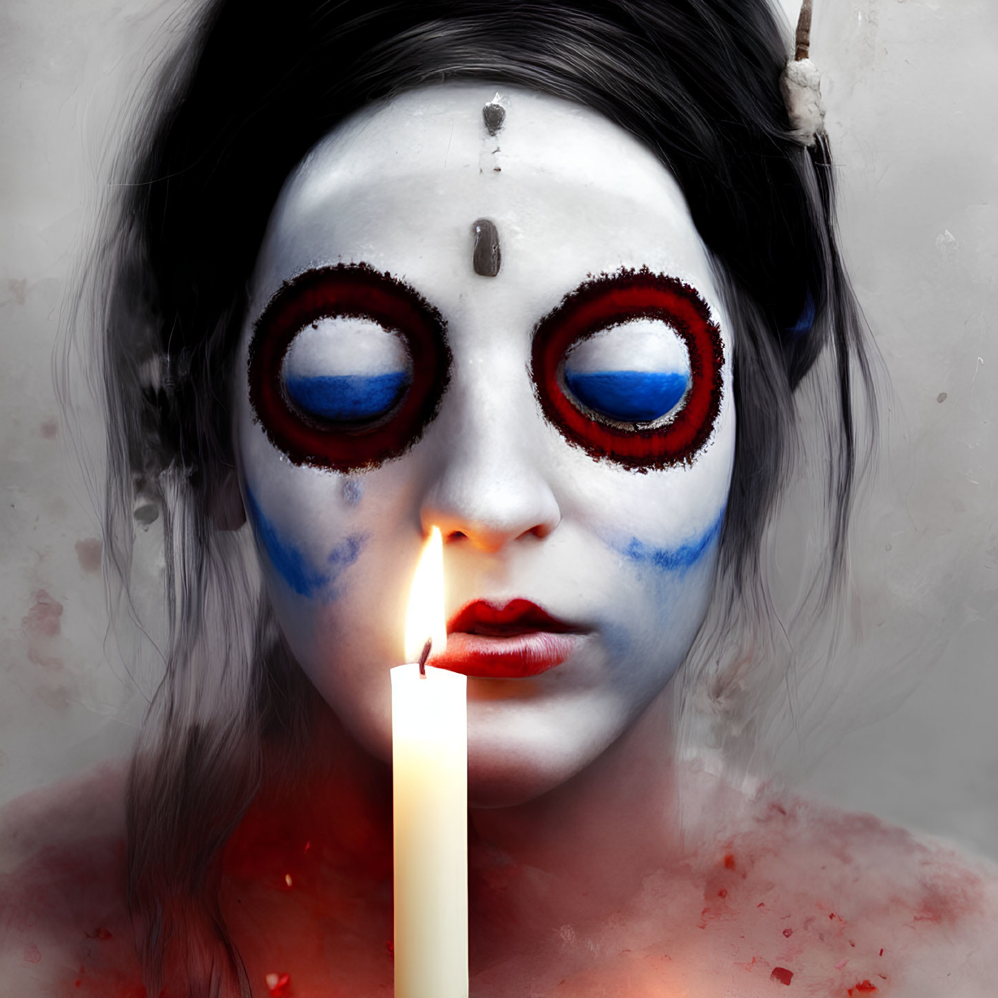 Person with white and red mask-like face paint holding a lit candle