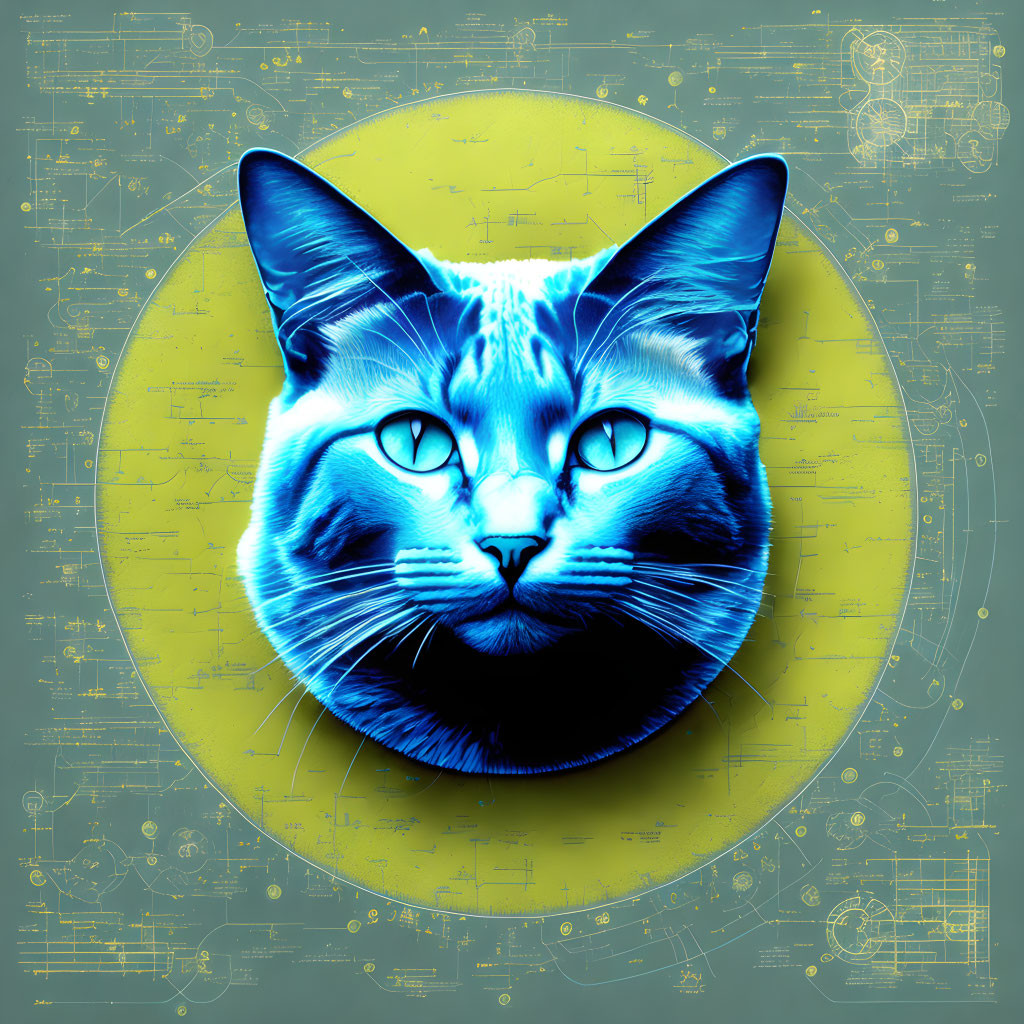 Digital Illustration of a Cat's Face in Blue Tones