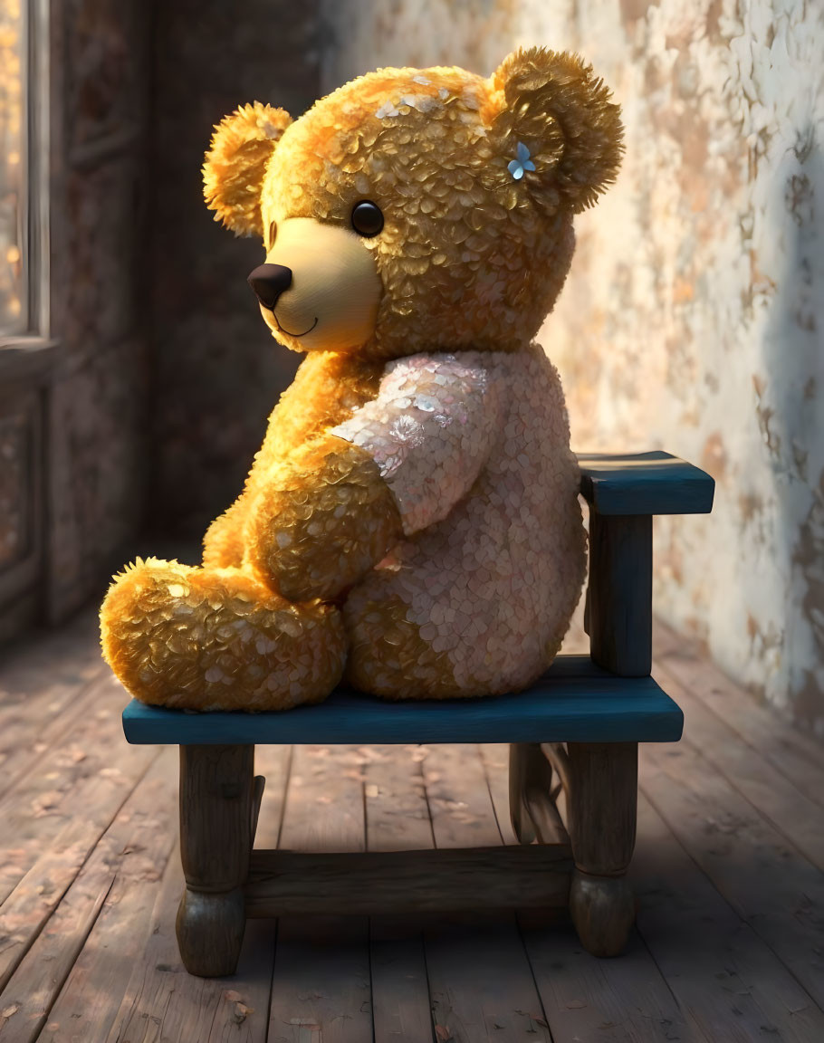 Whimsical Teddy Bear Made of Flower Petals on Bench