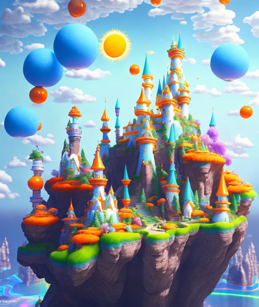 Colorful floating island with whimsical castles & vibrant flora under sunny sky