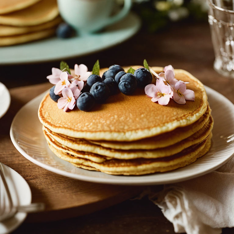 Golden Pancakes with Blueberries and Pink Blossoms on Wooden Table