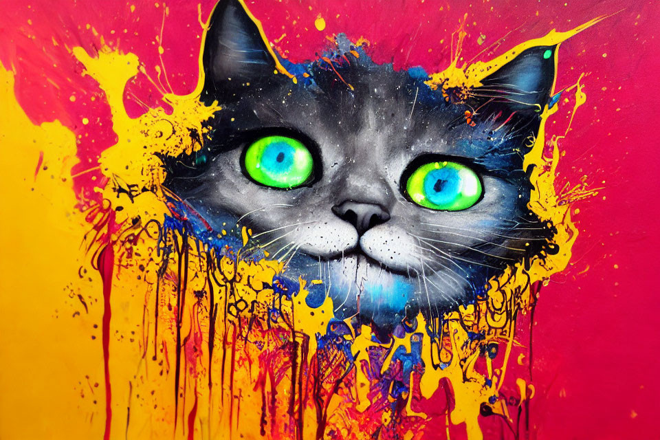 Colorful Cat Face Artwork with Striking Green Eyes