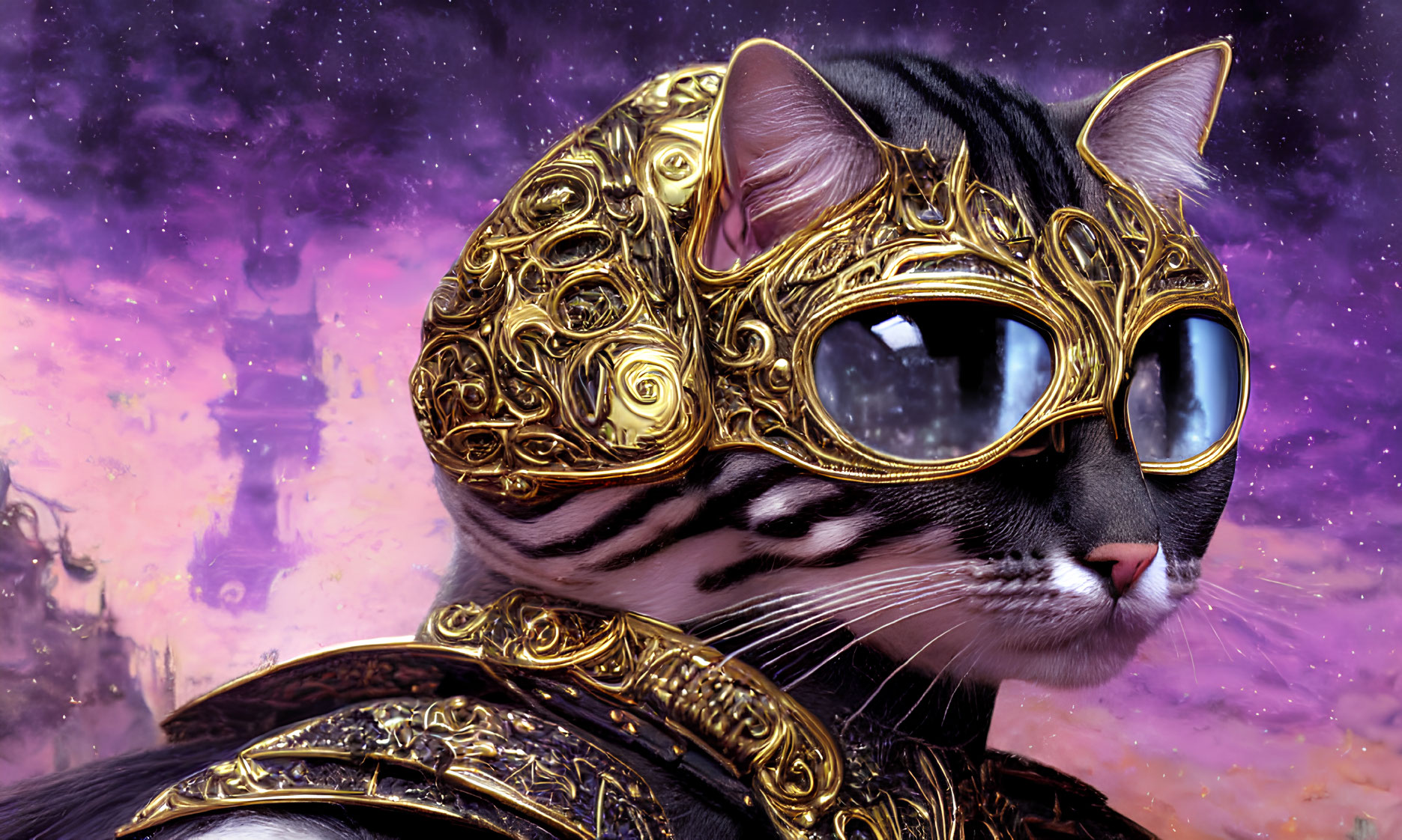 Regal Cat in Golden Armor Against Purple Background