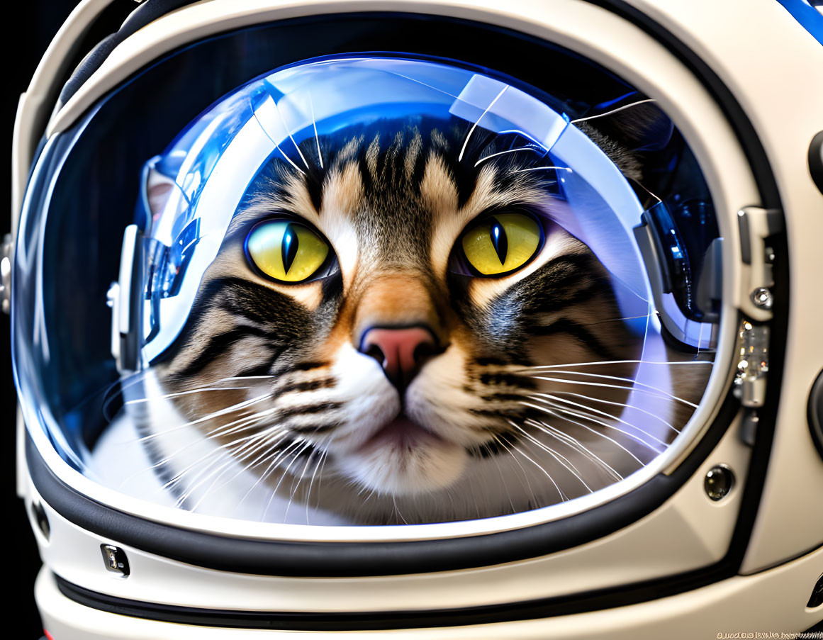 Cat's face in astronaut helmet with yellow eyes & fur pattern