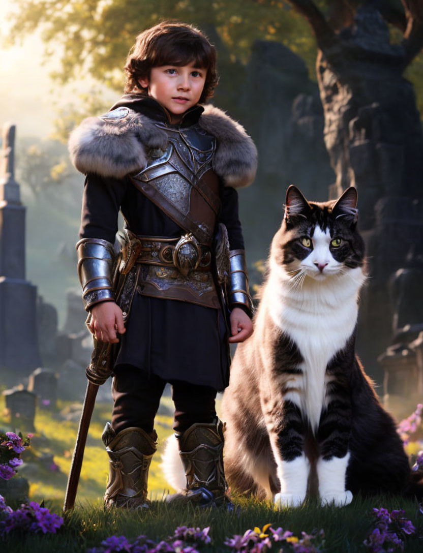 Young Boy in Fantasy Armor with Majestic Cat