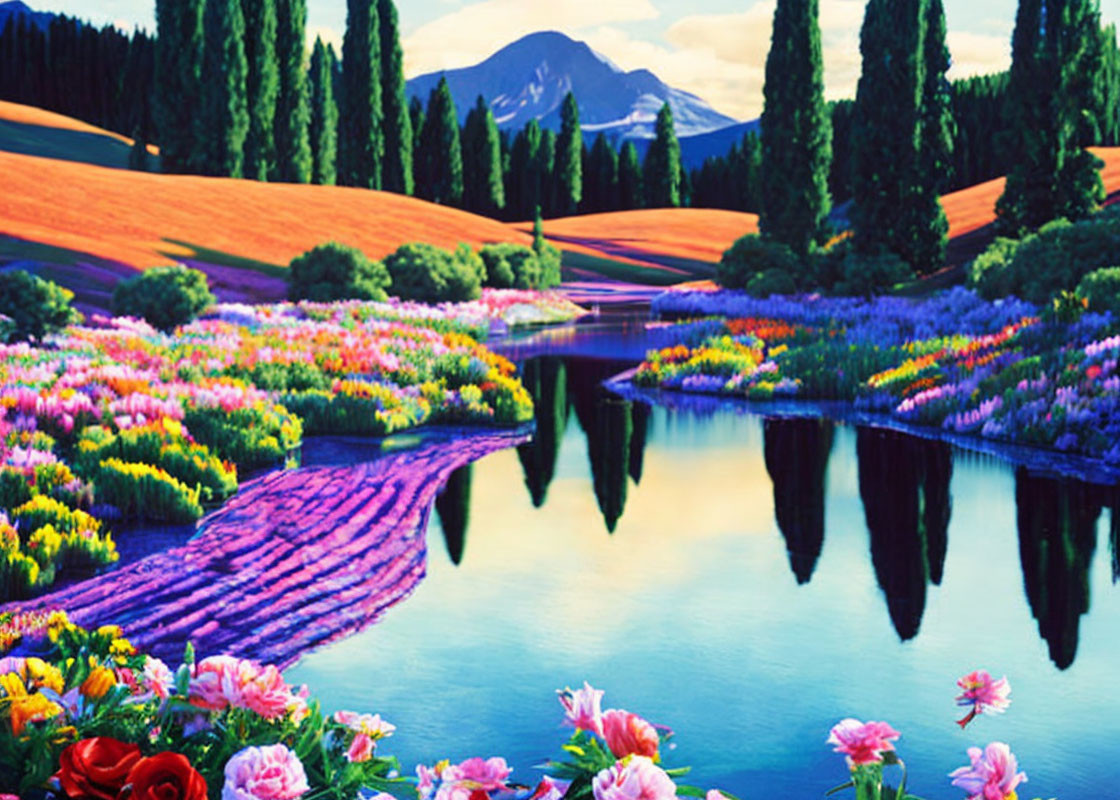 Vibrant Landscape with River and Flower Beds