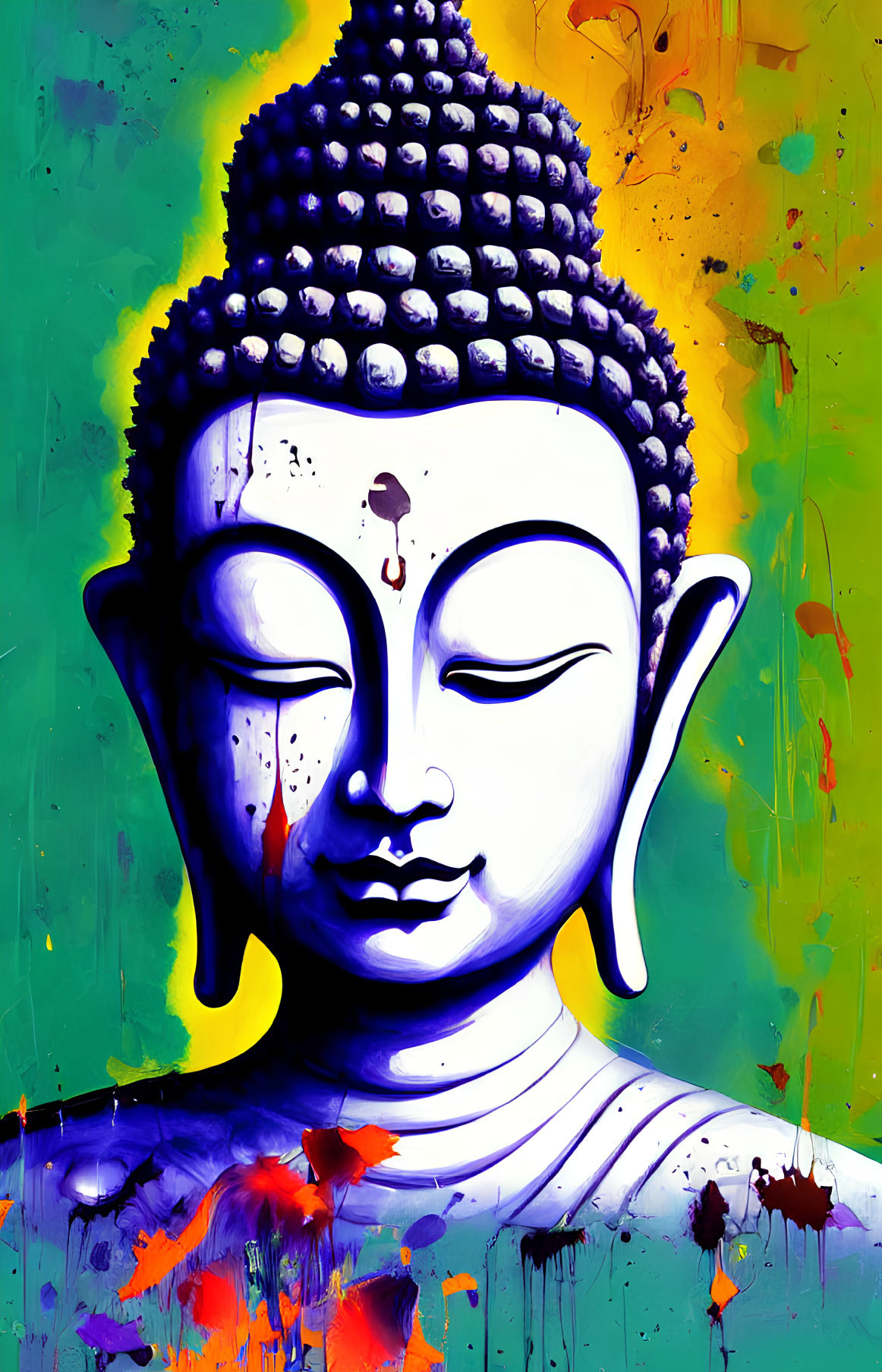 Colorful Buddha Face Painting in Purple and White Hues