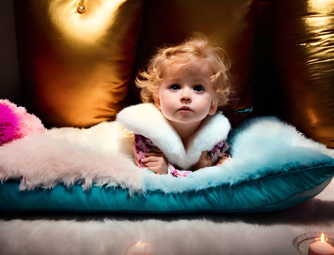 Curly-Haired Toddler in White Jacket on Teal Pillow with Golden and Pink Cushions