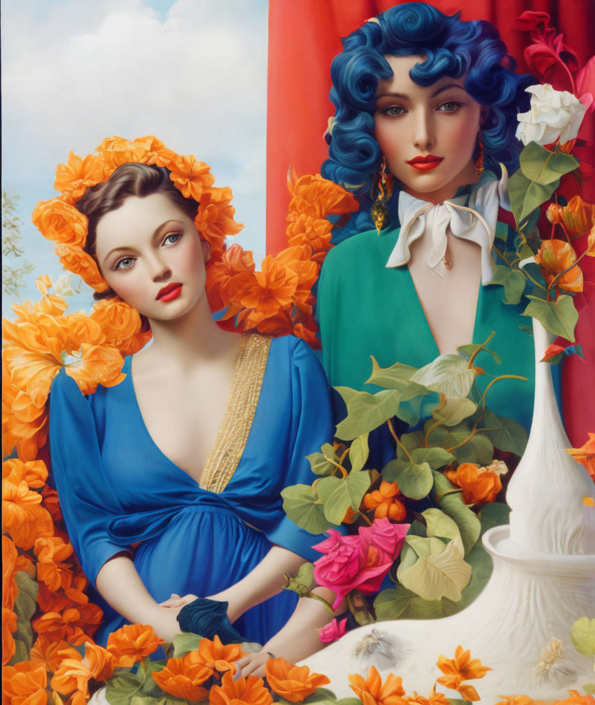 Stylized women with vibrant flowers in blue and green dresses exude surreal classical beauty