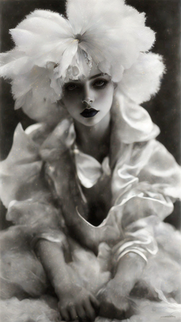 Black-and-White Portrait of Woman with Flower Headpiece