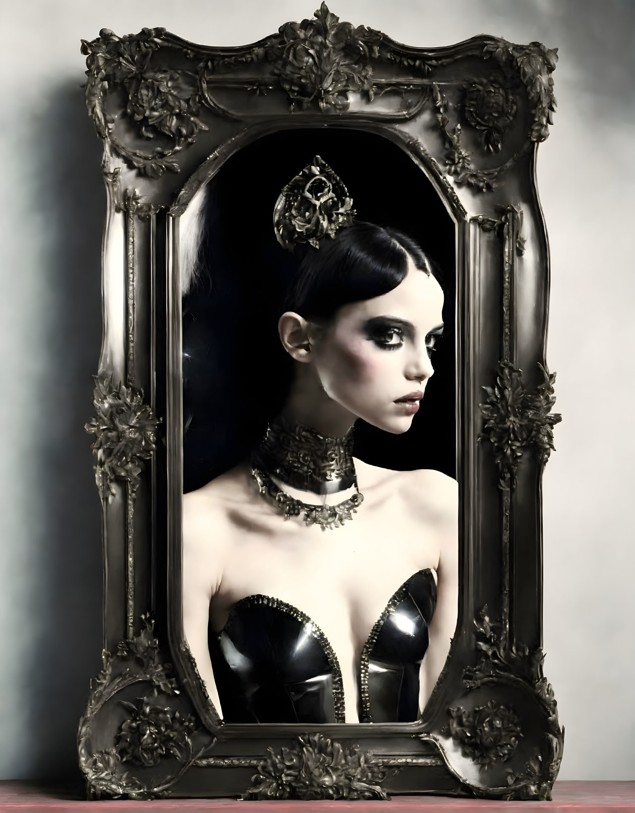 Dark-haired woman in black bodice and crown in baroque style frame