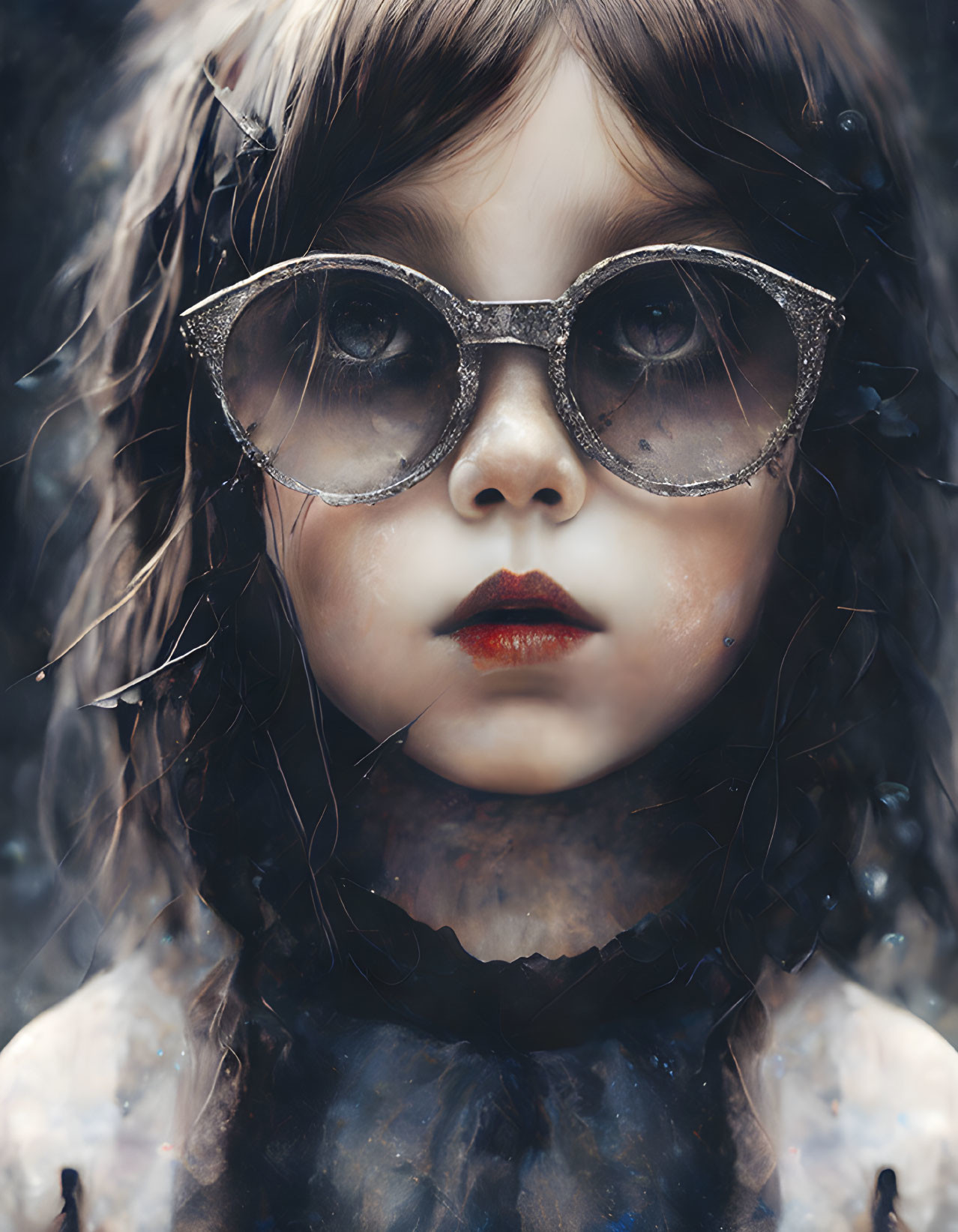 Child with wet hair and dramatic makeup in sparkling glasses.