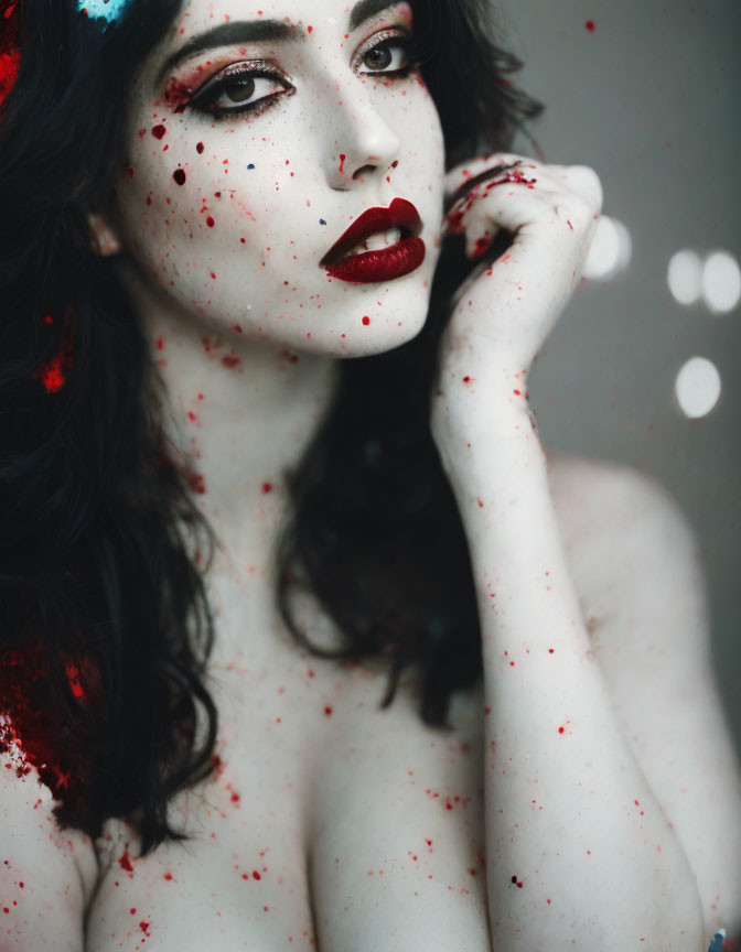 Dark-haired person with red splatter makeup and bokeh lights