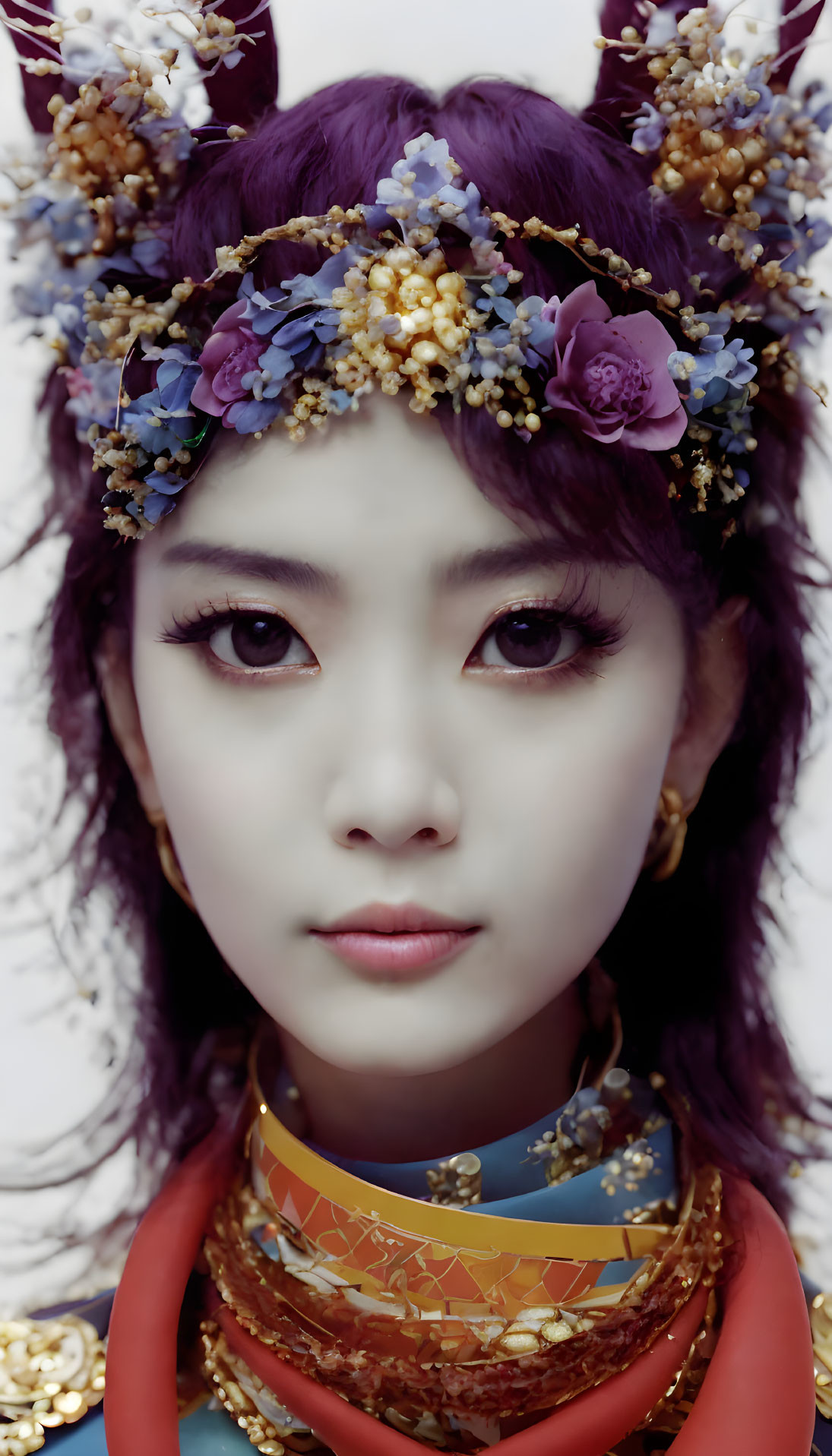 Young woman in colorful flower headdress and jewelry