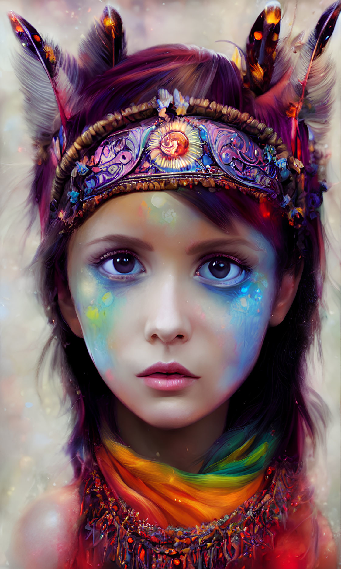 Young girl in vibrant tribal jewelry and face paint