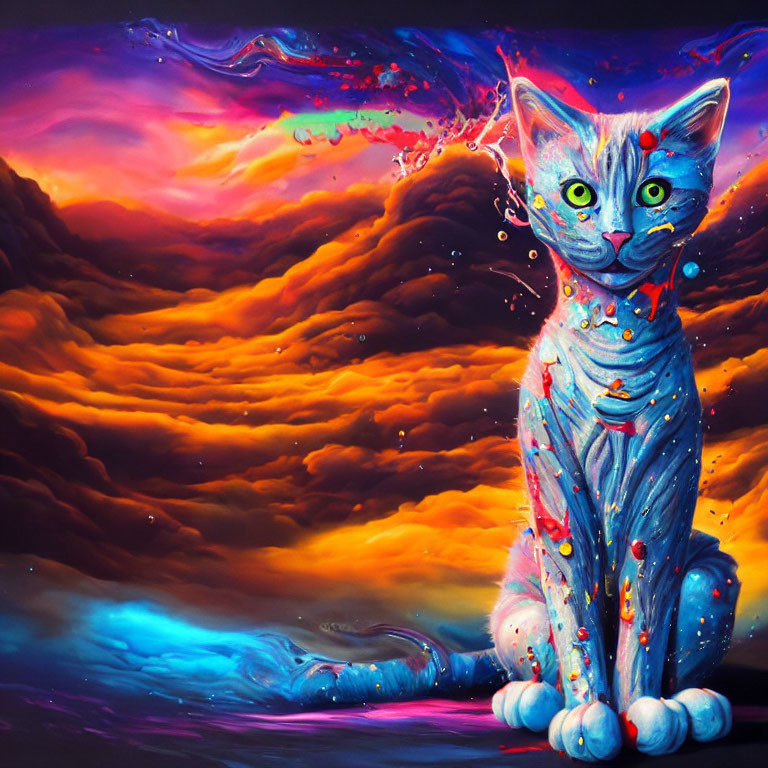 Surreal Painting of a Blue Cat in Cosmic Background