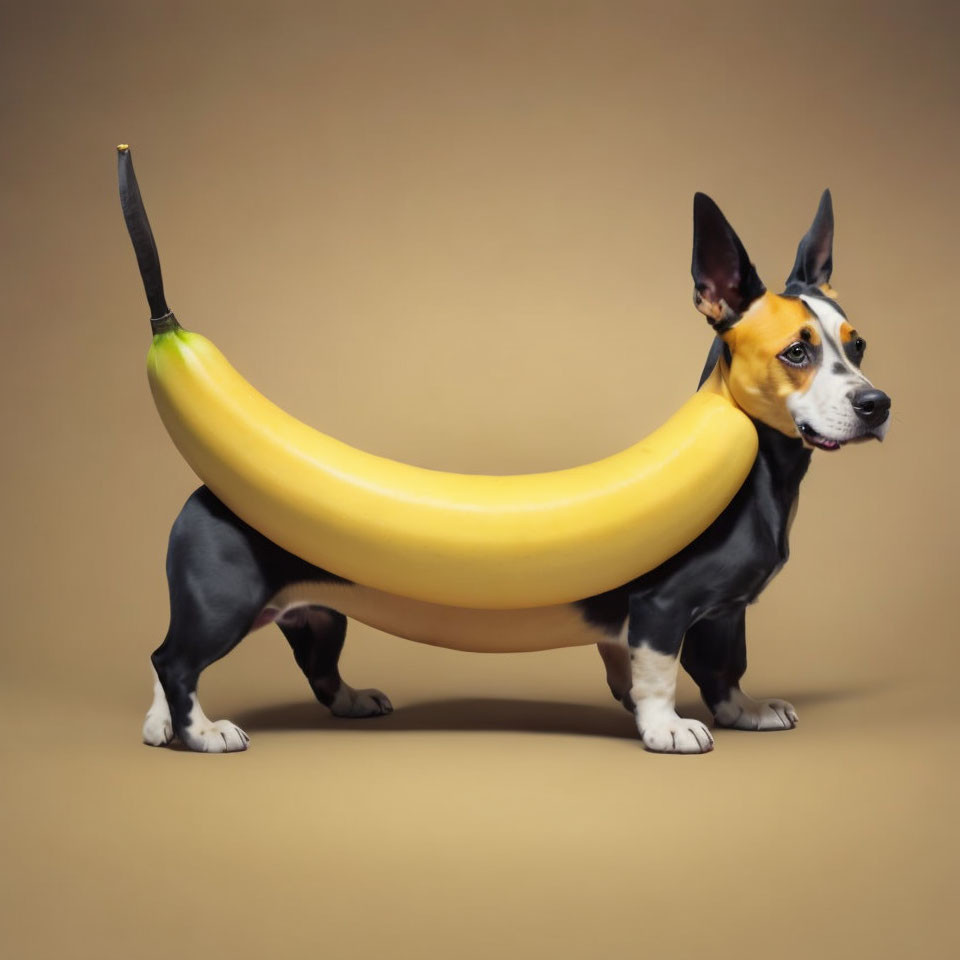 Whimsical Dog with Banana-Shaped Body and Playful Expression