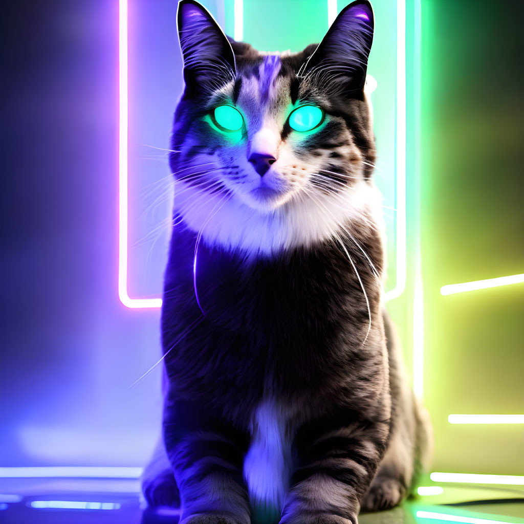 Blue-eyed cat in front of neon lights exudes futuristic aura