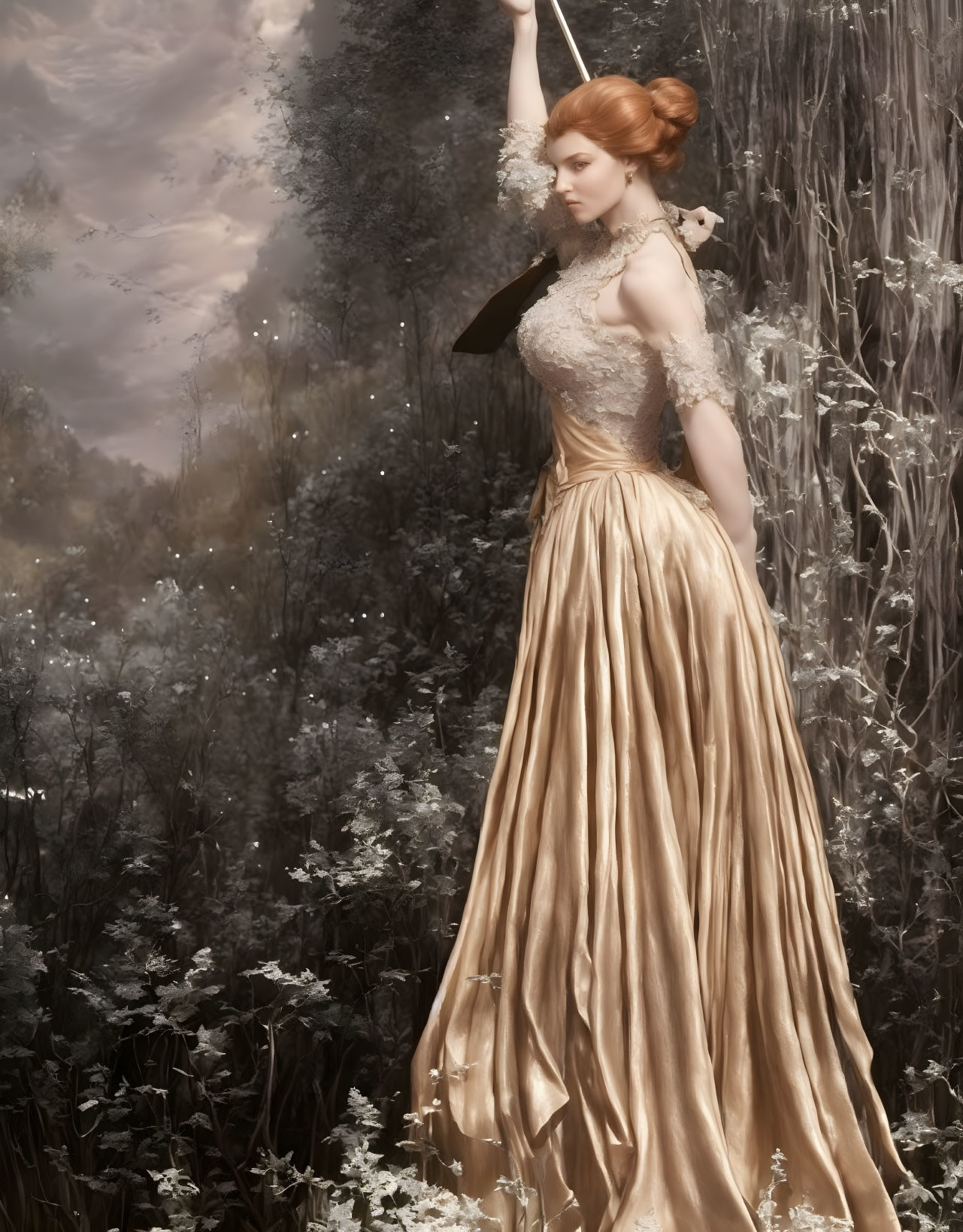 Graceful Woman in Golden Gown in Ethereal Landscape